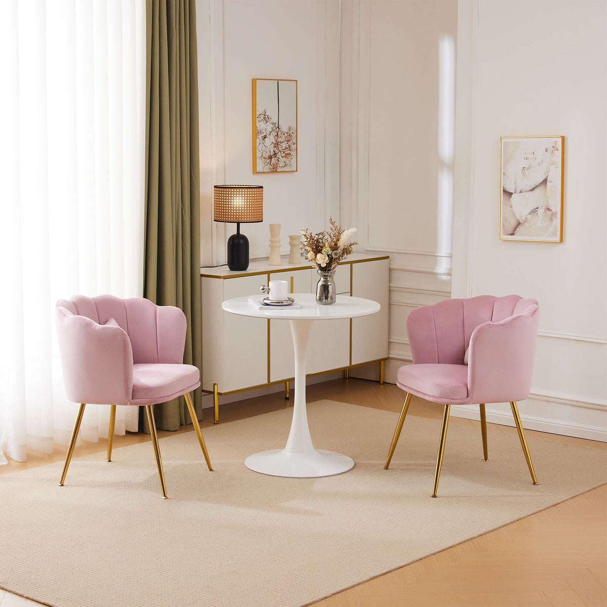 Chairs, Set of 2 Upholstered Petal Back with Gold Legs, Velvet