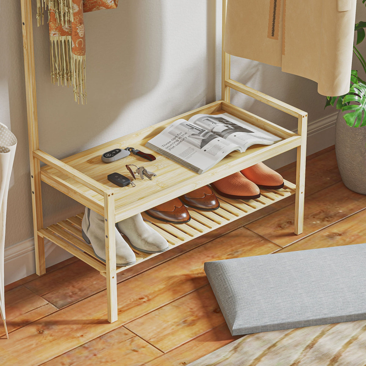 Coat Rack with Shoe Bench, Hooks, Shoe Rack, Seat Cushion, Bamboo, Natural