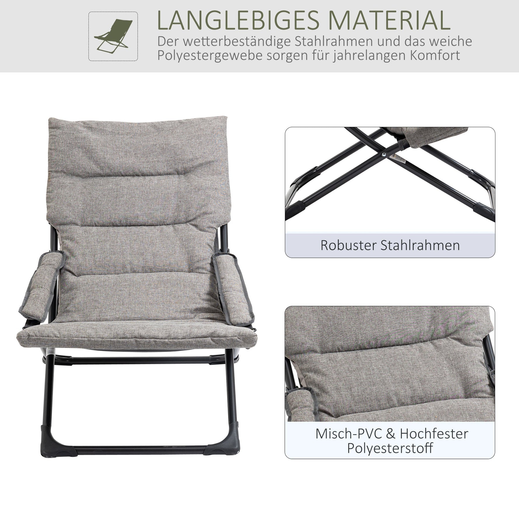 Folding Chair Lounger Removable Cushion Flexible Garden/Camping Steel Grey