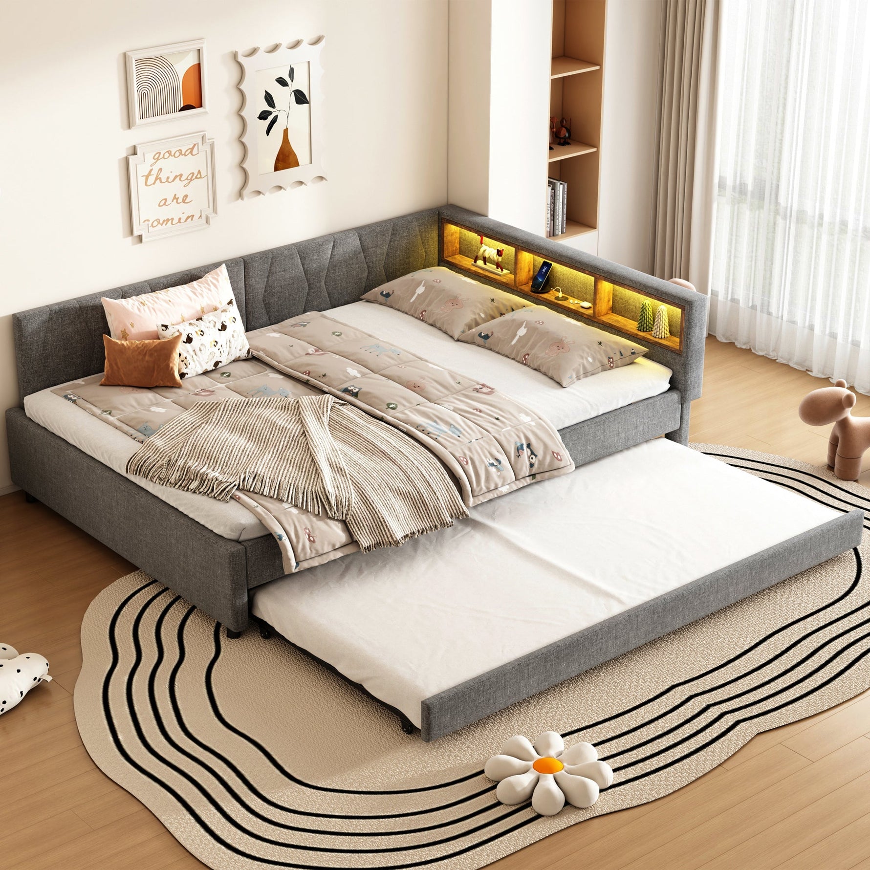 Daybed 140x200cm with Pull-out Bed, Storage, USB and LED, Grey Linen