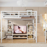 Loft Bed with TV Stand, Power Outlet and Safety Ladder, 140x200cm, White Metal and Wood