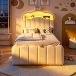 Children's Bed 90x200 Hydraulic Storage & LED, Beige Velvet