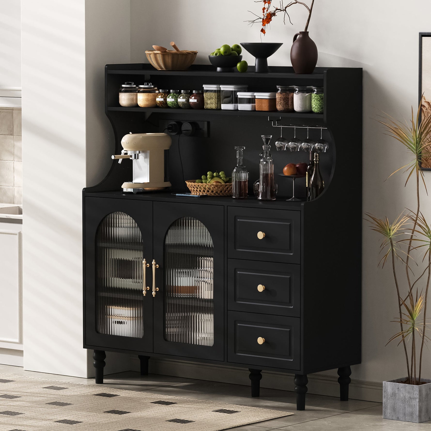Tall Cabinet Bar Storage with Sockets, Wine Rack & Adjustable Shelves - Black