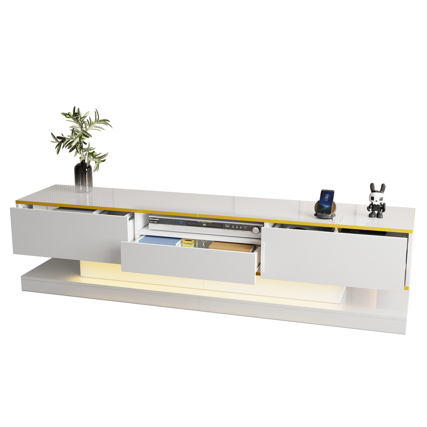 Modern TV Cabinet, 3 Drawers Open Compartment LED Lights 180x38x45cm, High Gloss