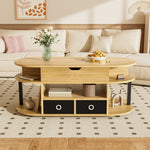 Modern Wood Grain Coffee Table with Lifting Function, Storage, and Black Fabric Drawers