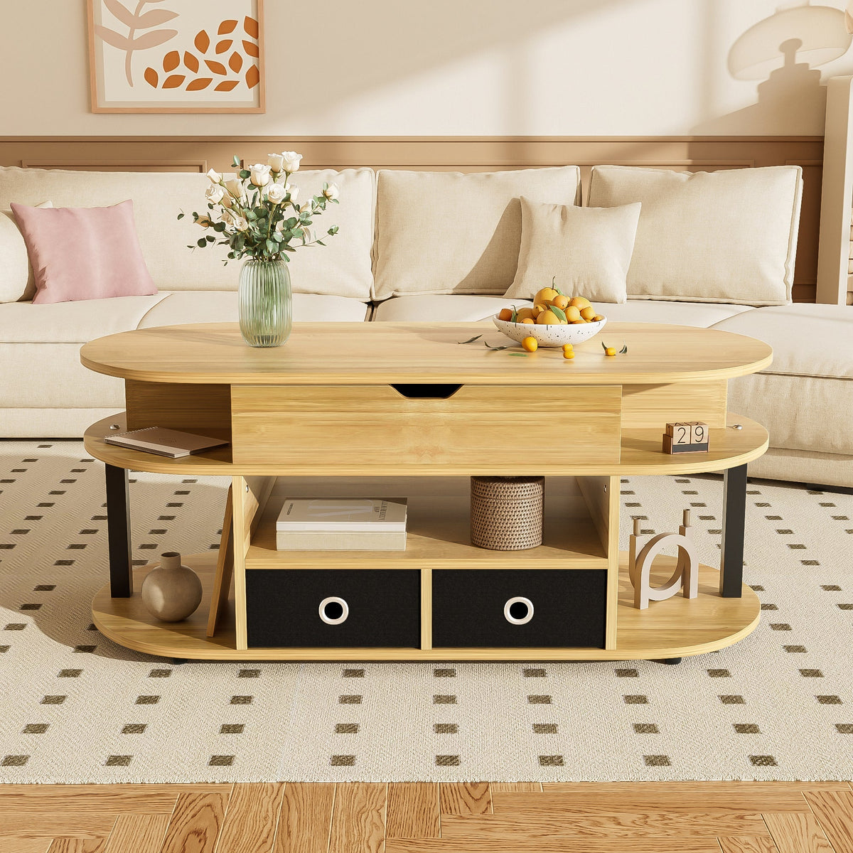 Modern Wood Grain Coffee Table with Lifting Function, Storage, and Black Fabric Drawers