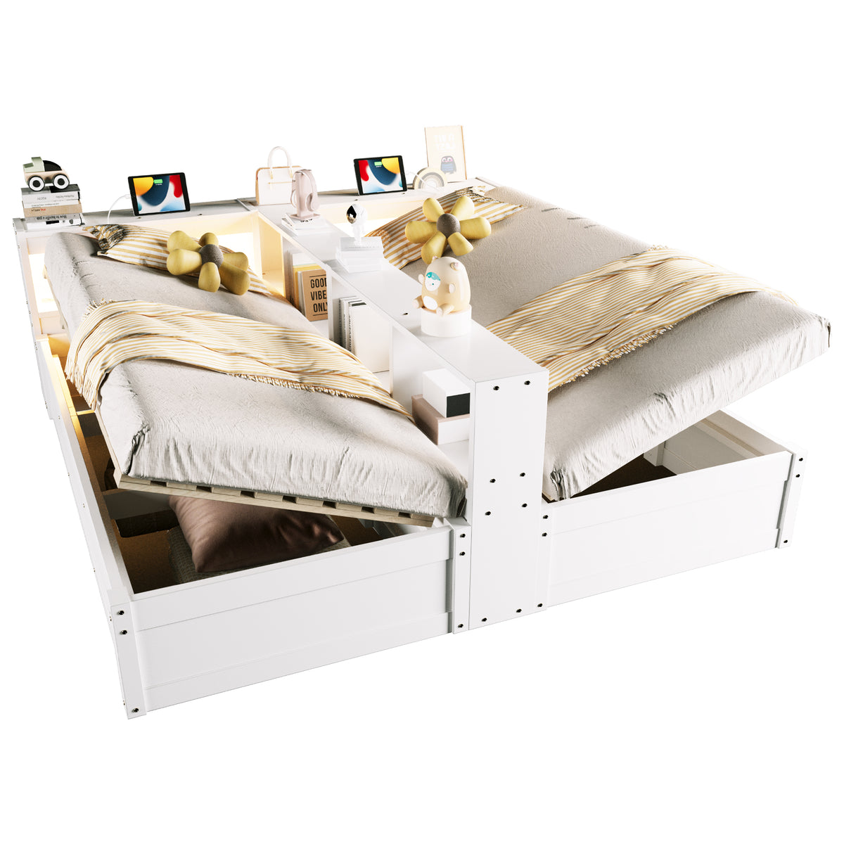 Multifunctional Sofa Bed 90/180x200cm with Storage & LED, White
