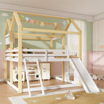 Children's House Loft Bed 90x200cm with Slide, White & Natural Wood
