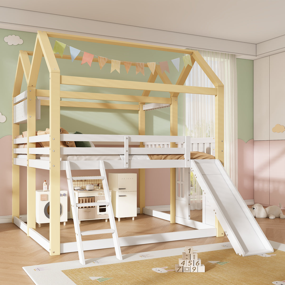Children's House Loft Bed 90x200cm with Slide, White & Natural Wood