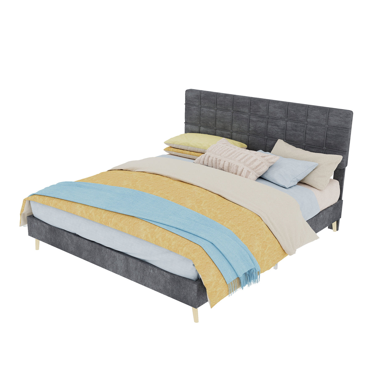 Modern Double Bed with Plaid Headboard 160x200cm, Dark Gray Fabric