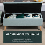 Light green upholstered bench with storage 110x39x45cm, linen-like polyester and rubber wood