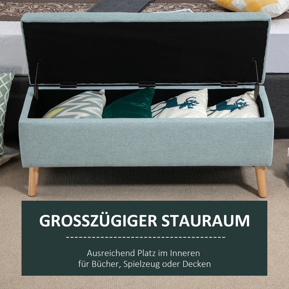 Light green upholstered bench with storage 110x39x45cm, linen-like polyester and rubber wood