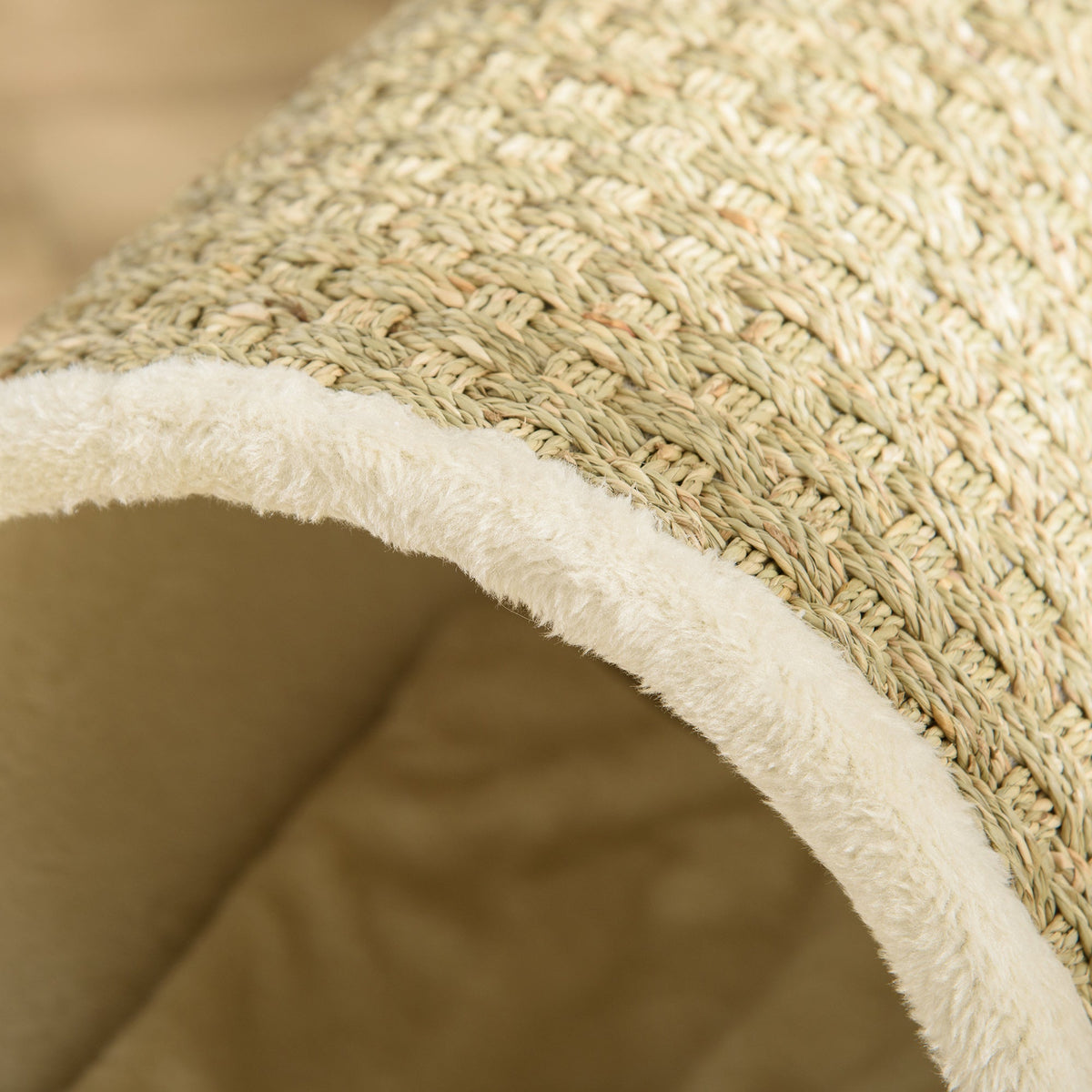 PawHut Cat Cave with Shelf Bed Scratching Pad, Pinewood Flannel, Khaki Natural & Beige