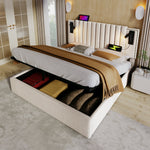 Upholstered Bed, 180x200 Double with Storage, USB Reading Light & Rivet Headboard, Beige Cotton