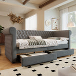 Vintage Upholstered Daybed 90x200cm with 2 Drawers, Grey Linen