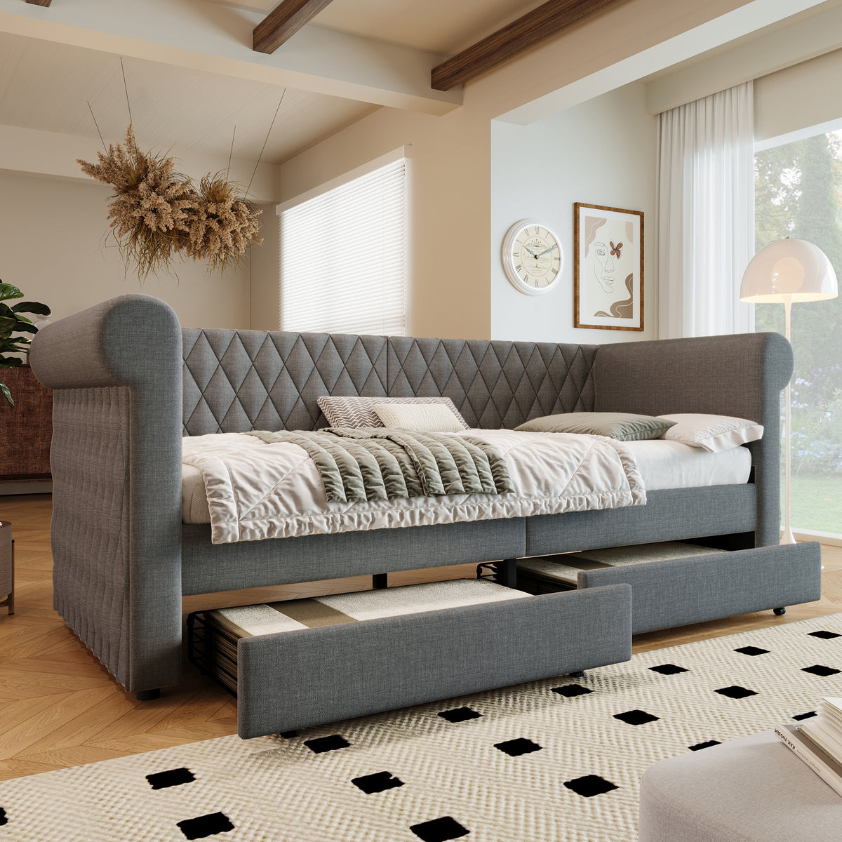 Vintage Upholstered Daybed 90x200cm with 2 Drawers, Grey Linen