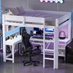 Gaming Loft Bed with Desk, LED Lighting and Charging Station, White Wood
