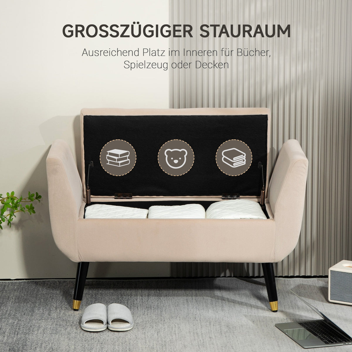 Luxury Upholstered Bench with Storage Armrests Chest Beige