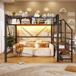 Loft Bed 140x200cm with LED Light Strip, Black Metal