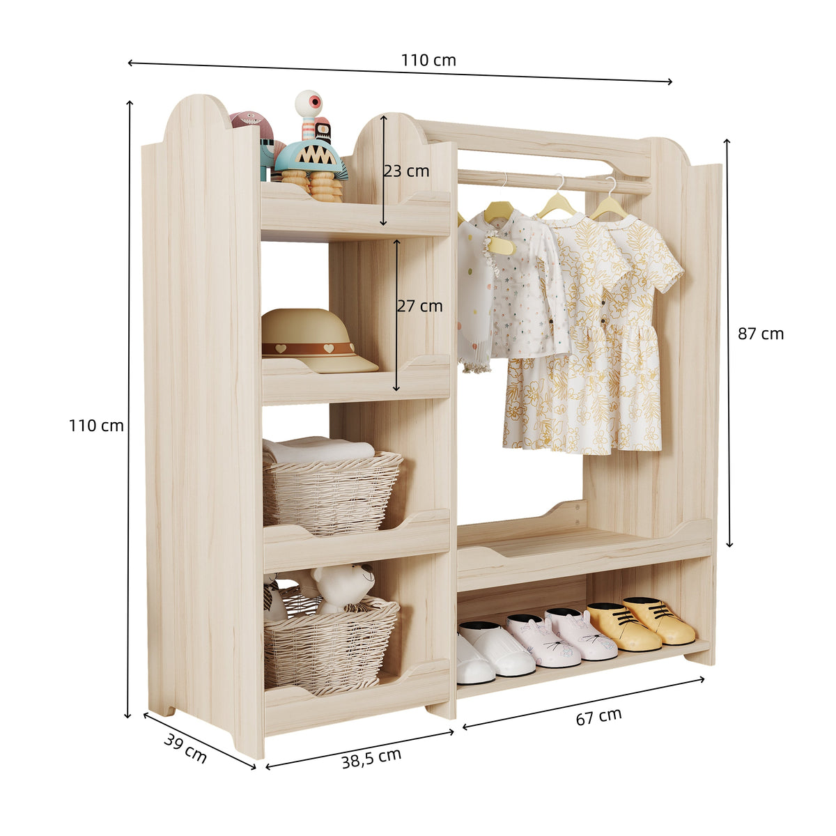 Children's Wardrobe Freestanding with Clothes Rail & 4 Shelves, Natural Wood