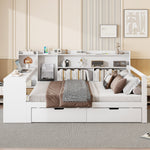 Solid Wood Sofa Bed, 140x200 cm, with Desk, Bookshelf, Storage, Power Outlet, White