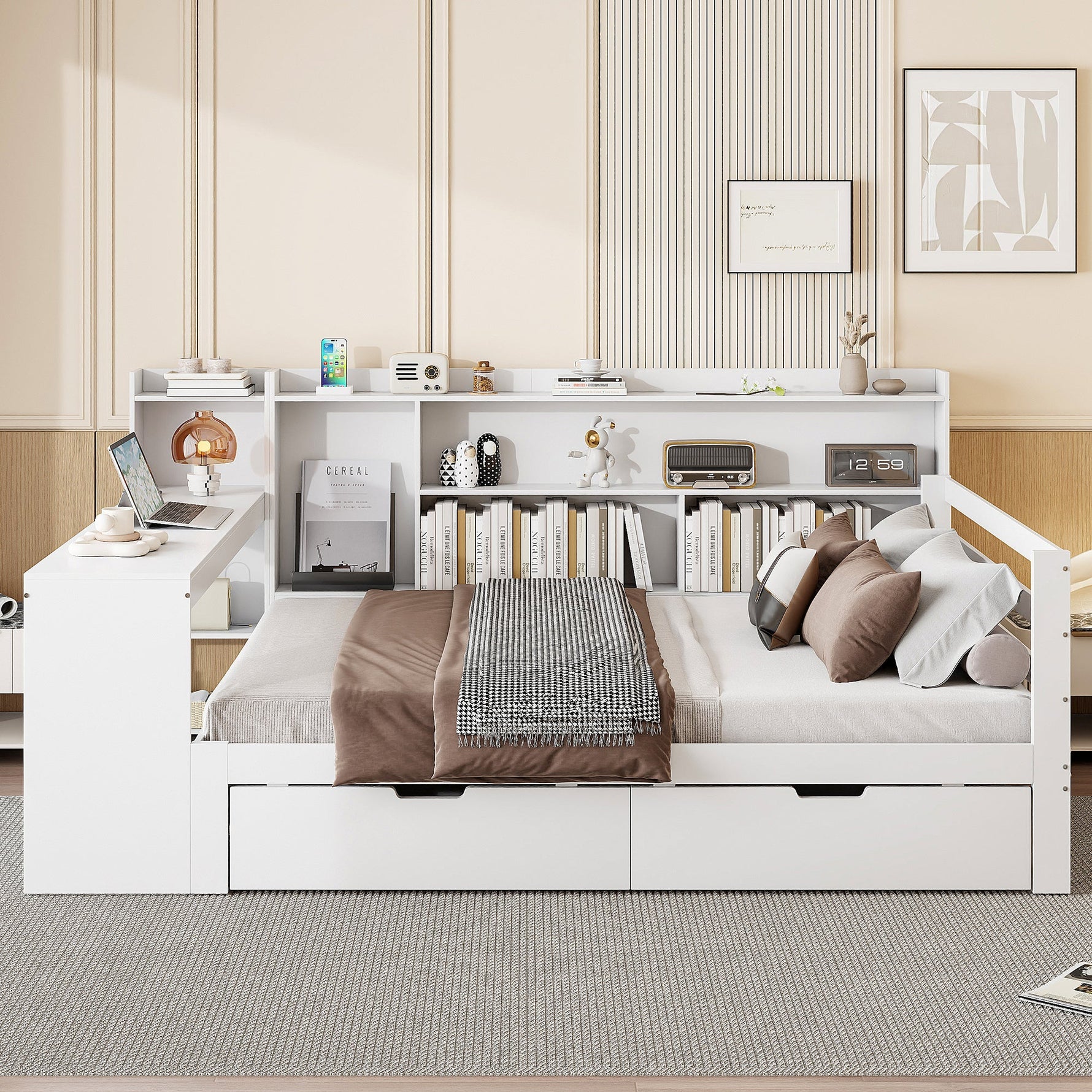 Solid Wood Sofa Bed, 140x200 cm, with Desk, Bookshelf, Storage, Power Outlet, White