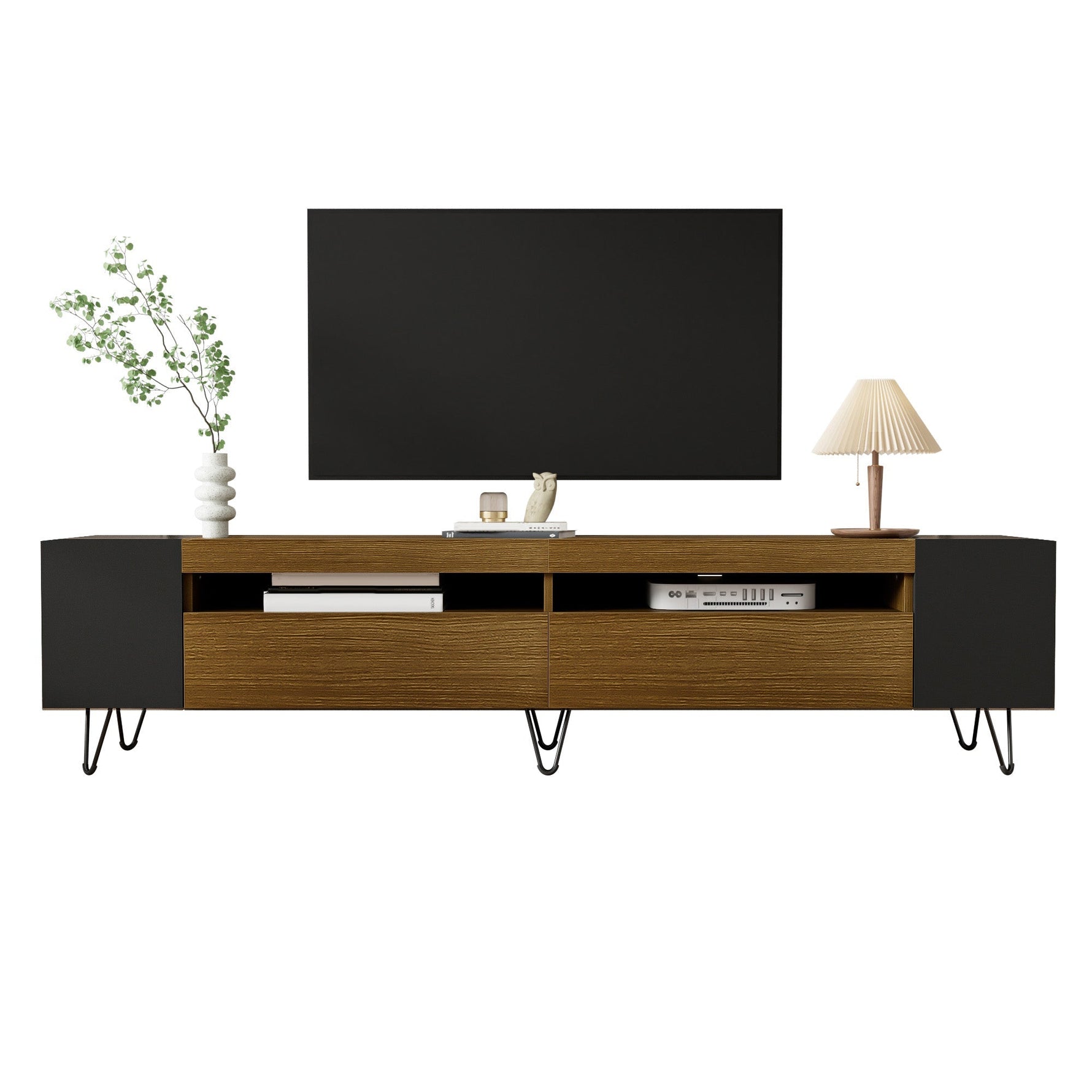 Modern TV Cabinet 180cm, Black and Wood Look