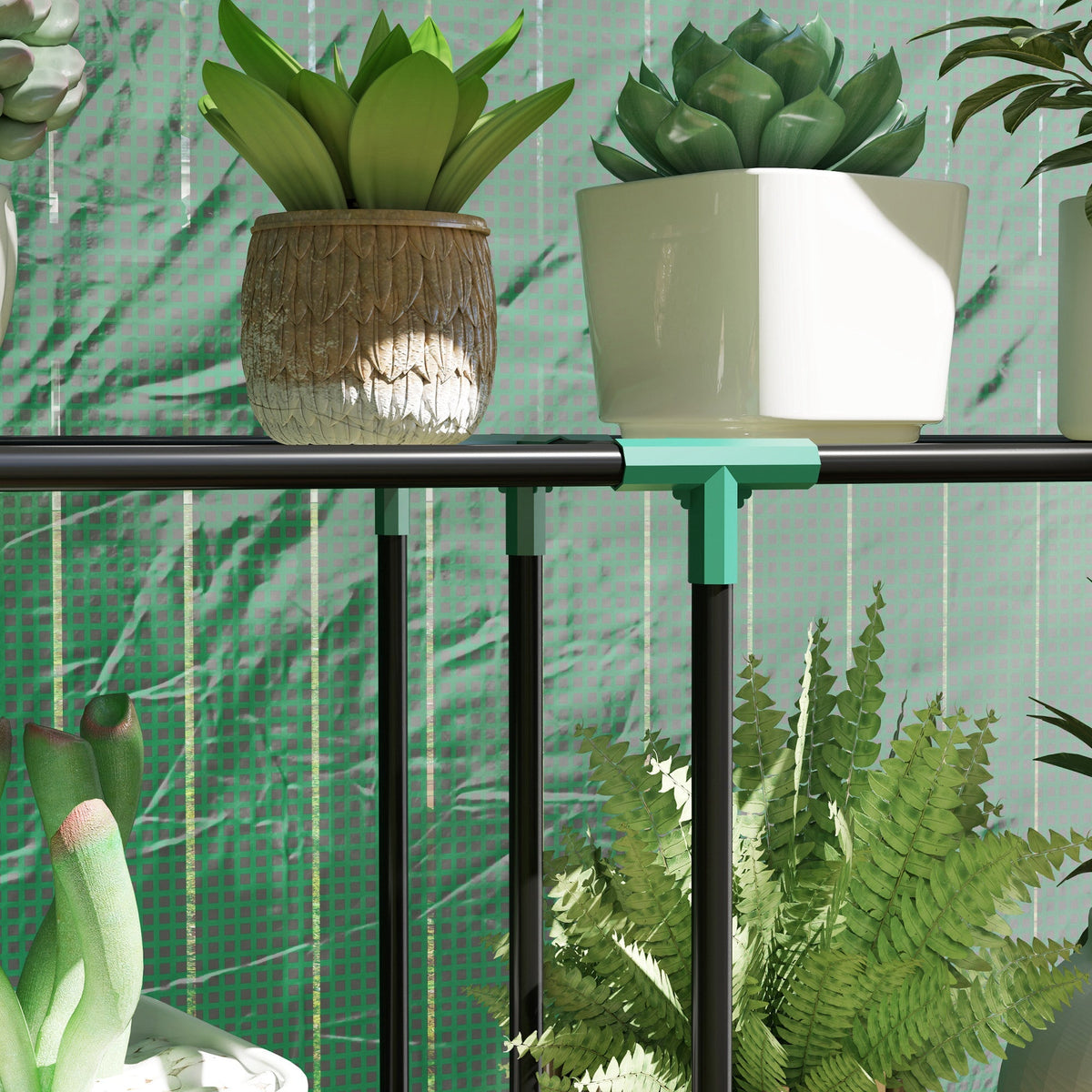 Greenhouse with shelves and roller door, winter-proof film, steel, green