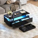 Coffee Table with Tray, High-Gloss, 2 Drawers, Tempered Glass, LED Light, Black