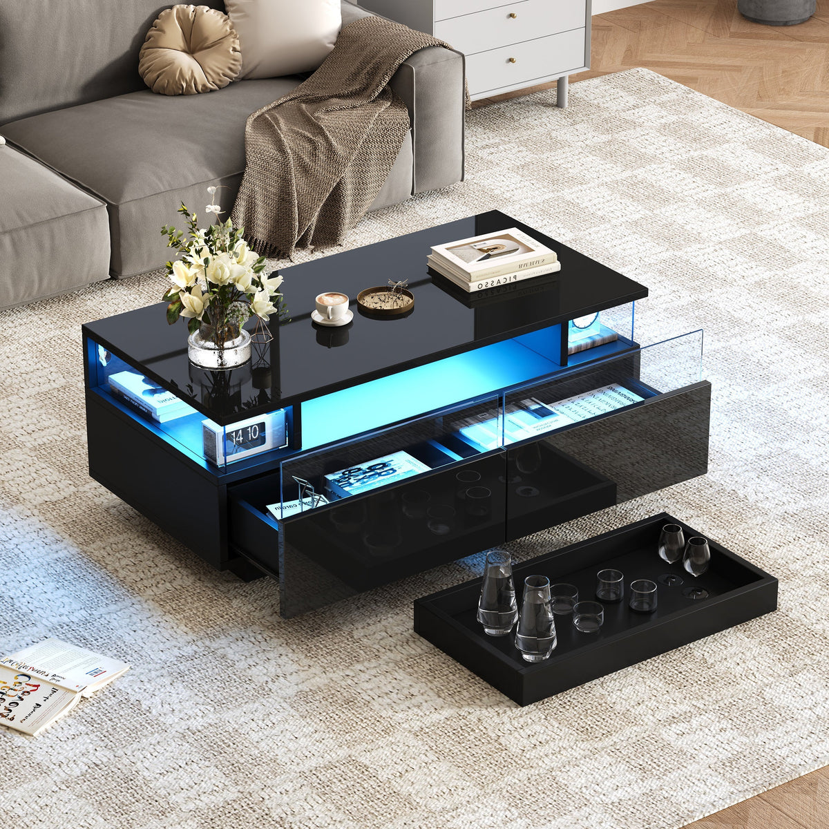 Coffee Table with Tray, High-Gloss, 2 Drawers, Tempered Glass, LED Light, Black