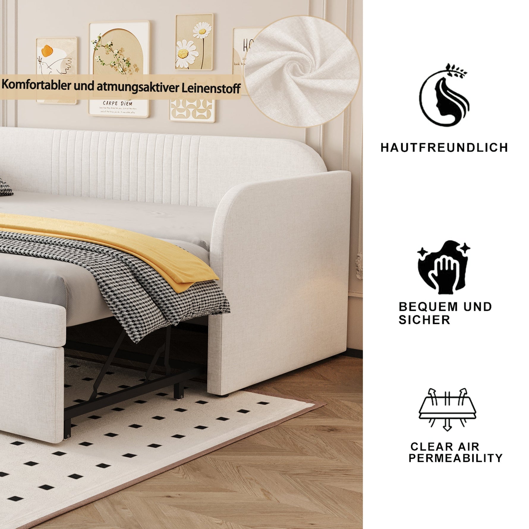 Upholstered Bed Pull-Out Sofa Bed, 90/180*190cm Multifunctional with Slatted Frame, Beige Linen