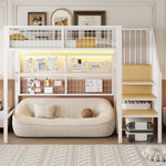 Iron Loft Bed, 90x200 with LED, Storage Stairs, Open Wardrobe, Black and White Metal