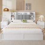 Double Bed, Open Shelf, 3 Drawers, Pine Frame, White+Grey