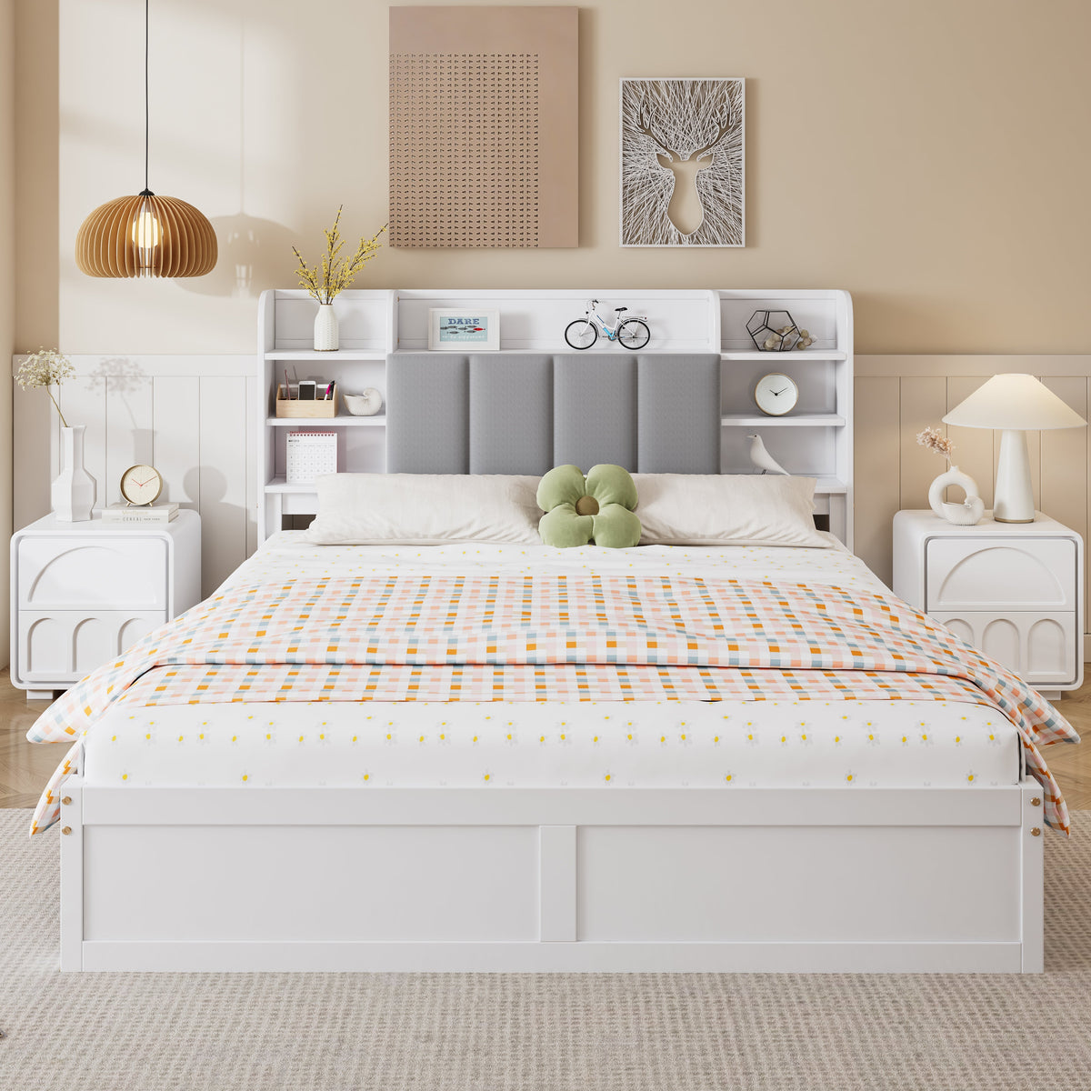 Double Bed, Open Shelf, 3 Drawers, Pine Frame, White+Grey