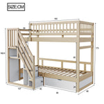 Bunk Bed, Solid Wood 90x200cm with Safety Rail, Slatted Frame, Storage Ladder & Drawers, Wood Color