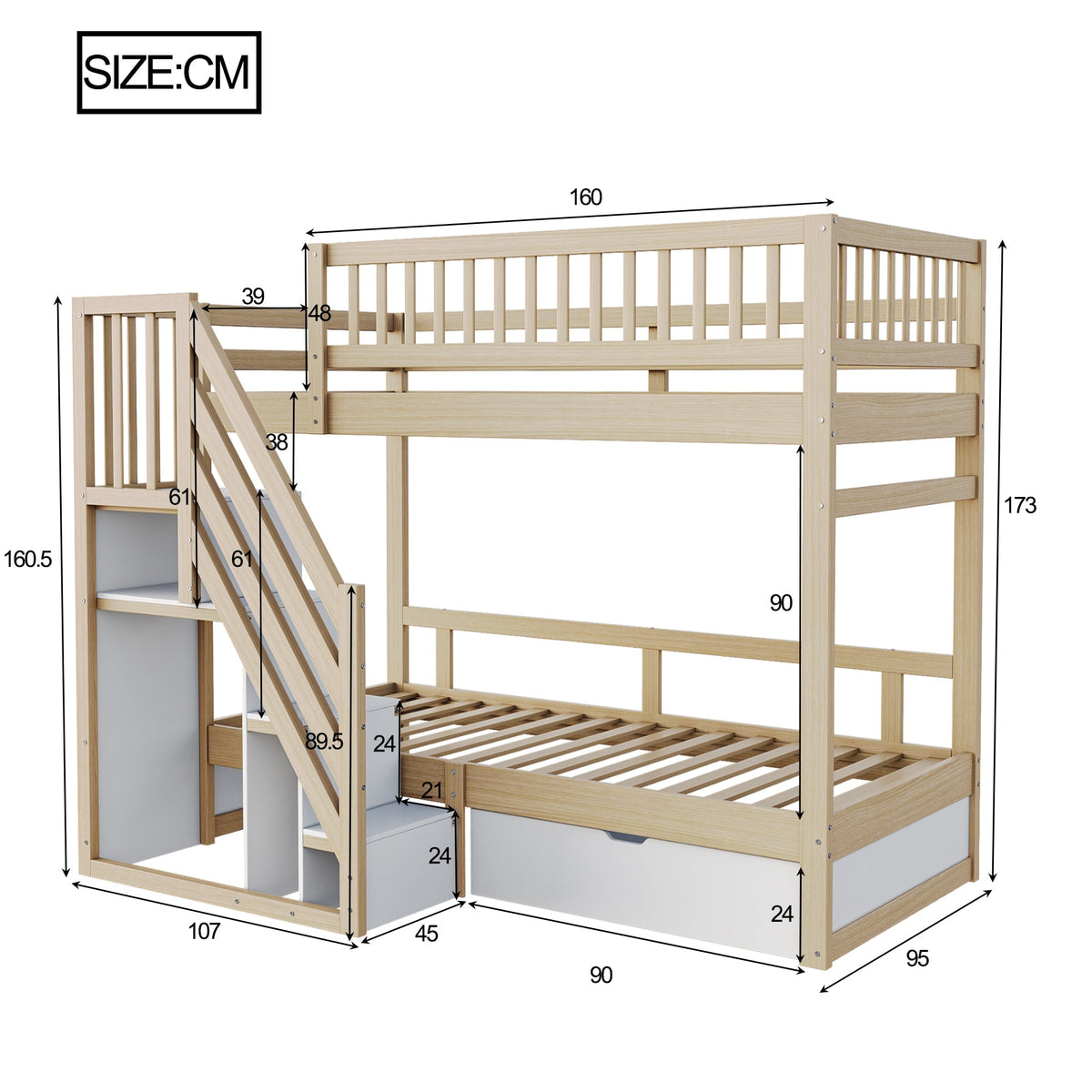 Bunk Bed, Solid Wood 90x200cm with Safety Rail, Slatted Frame, Storage Ladder & Drawers, Wood Color