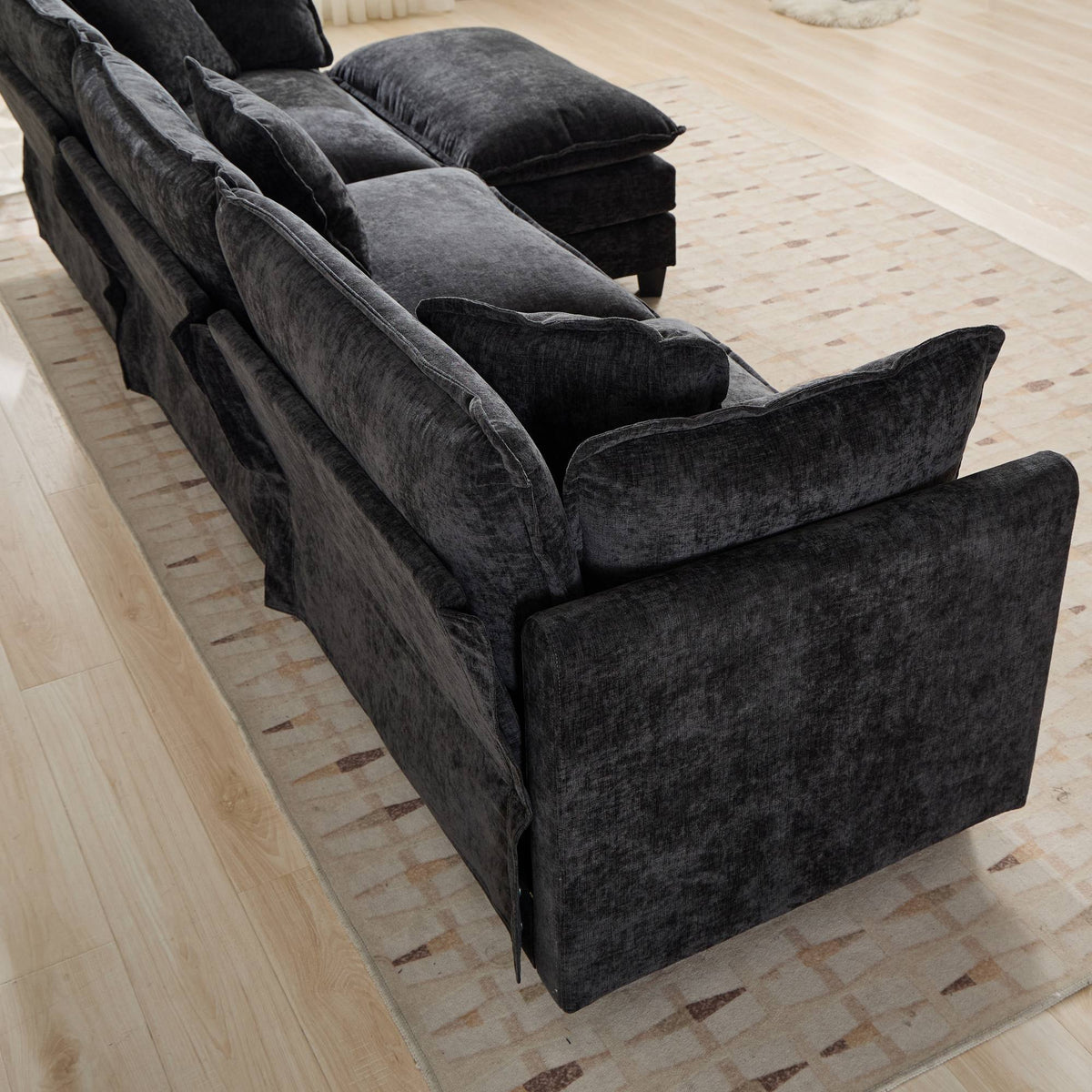 Cloud Sofa 3 Seater Modern Sectional Couch with Double Layer Upholstered Cushion, Black Chenille Fabric