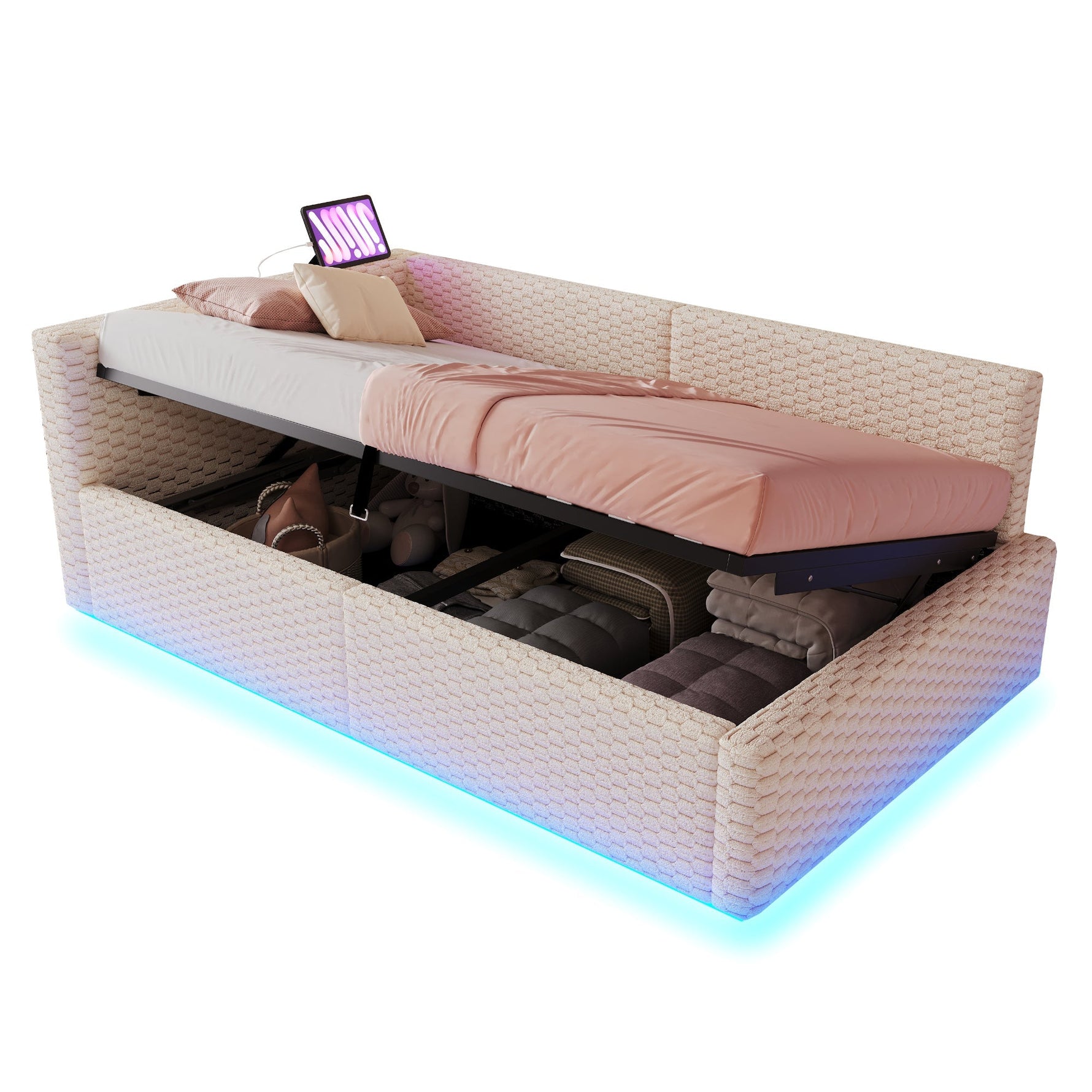Upholstered Bed 90x200cm with LED Lighting, USB Ports and Hydraulic Storage, Beige Velvet