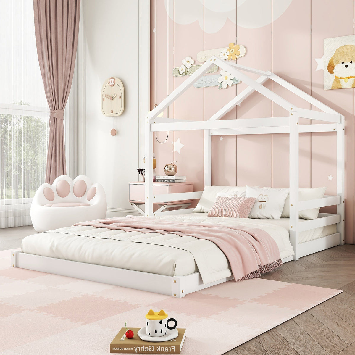 House Bed 140x200cm House Shape Slatted Base - White Pine