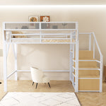 Loft Bed 140x200 with Safety Ladder & Storage, White Metal