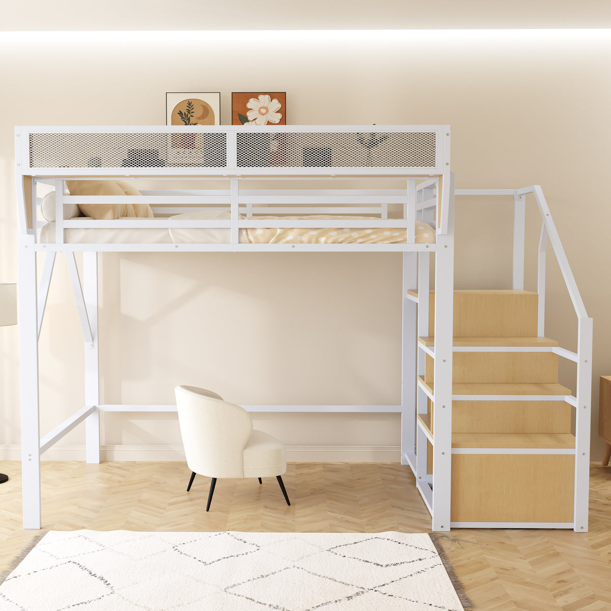 Loft Bed 140x200 with Safety Ladder & Storage, White Metal