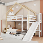 House Bunk Bed with Slide & 2 Drawers, 90x200cm, Solid Wood White