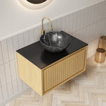 Wall-Hung Bathroom Sink 61cm Black Ceramic Bowl Sintered Stone Top Drawer - Corolla Oak