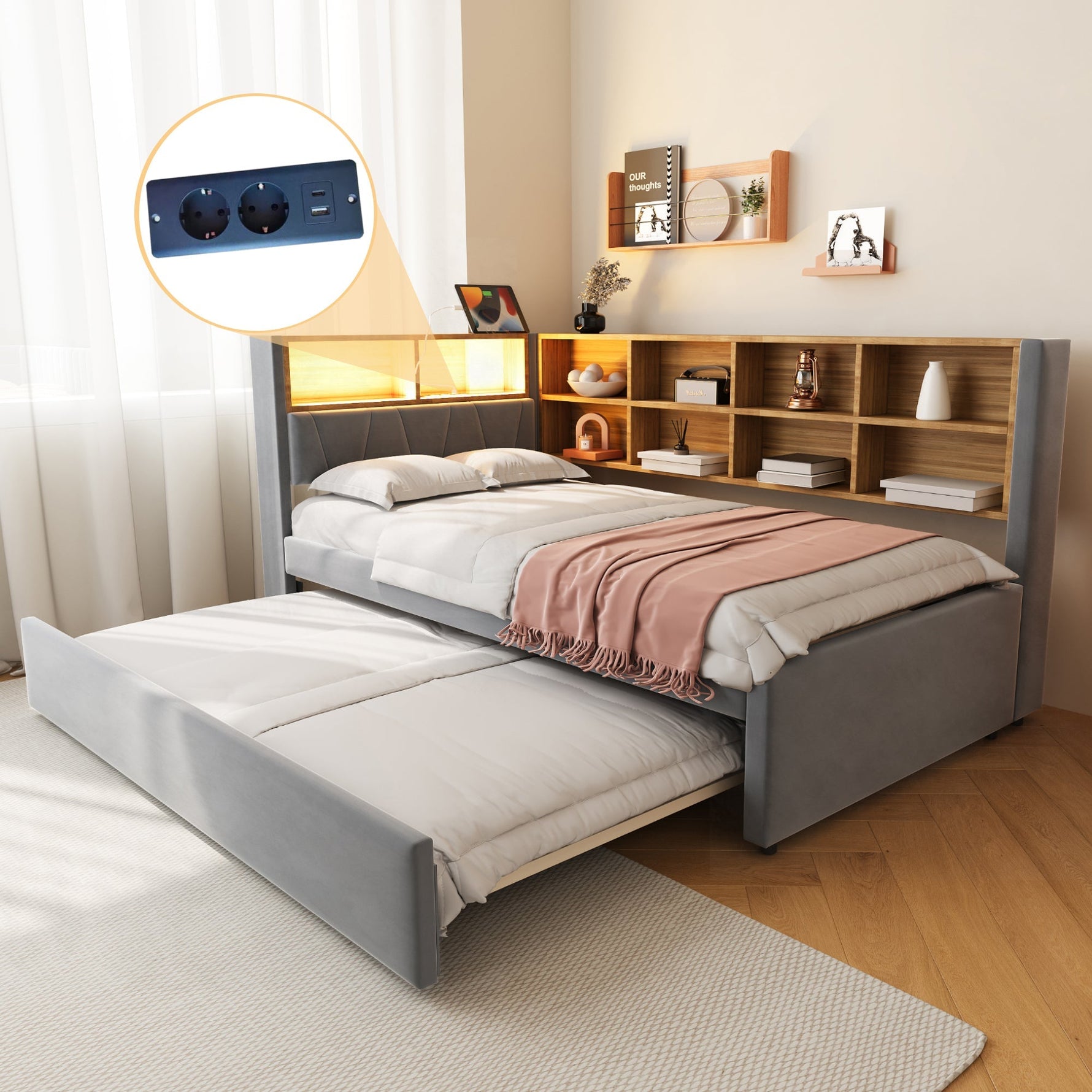 Sofa Bed 90x200 Pull-out LED Storage Flannel Dark Grey