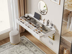 Wall-Mounted Vanity Table with 3 Drawers & Glass Top, White