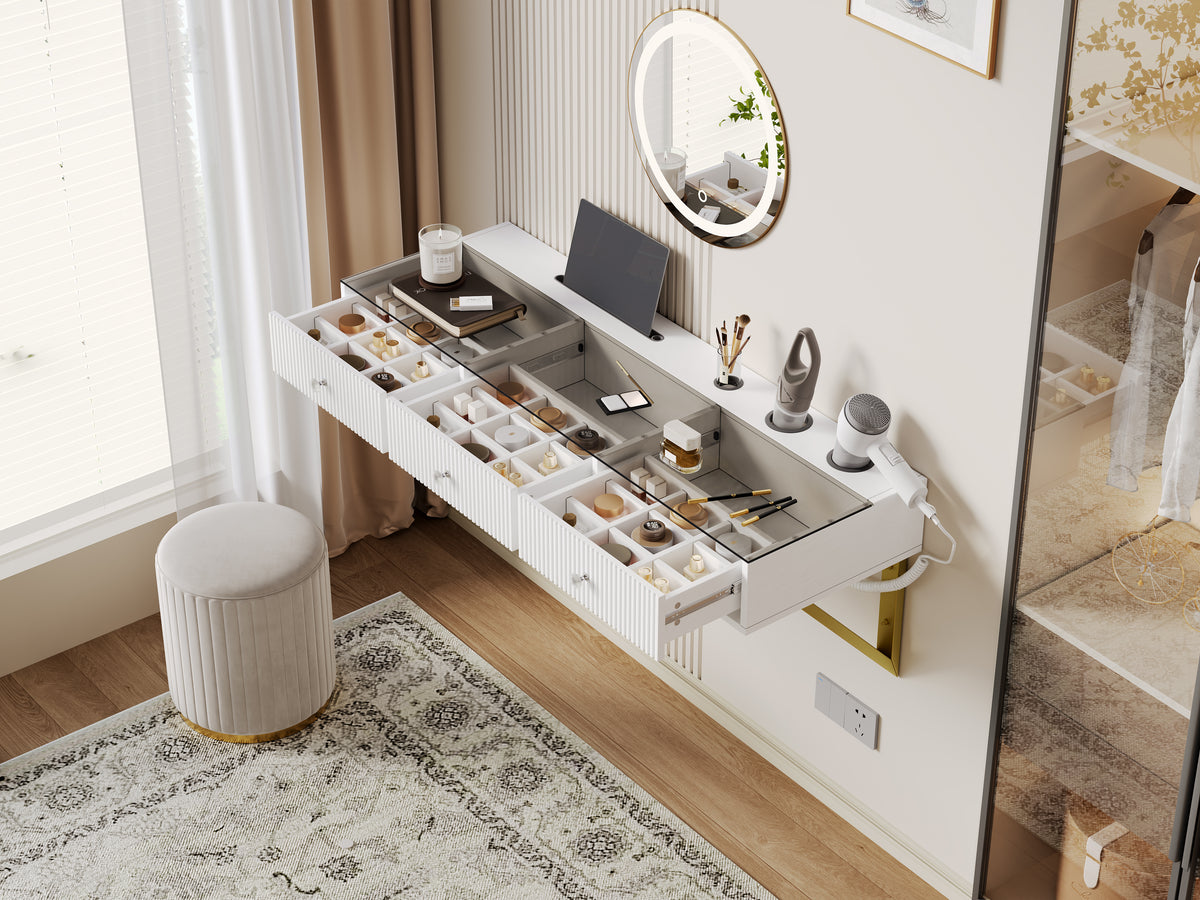 Wall-Mounted Vanity Table with 3 Drawers & Glass Top, White