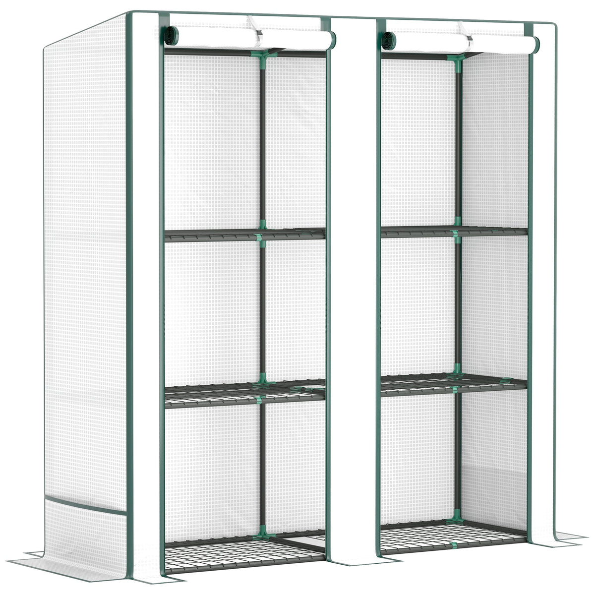 Greenhouse Pent Roof Double Doors Shelves Winterproof 144x48x152cm Foil Steel, White