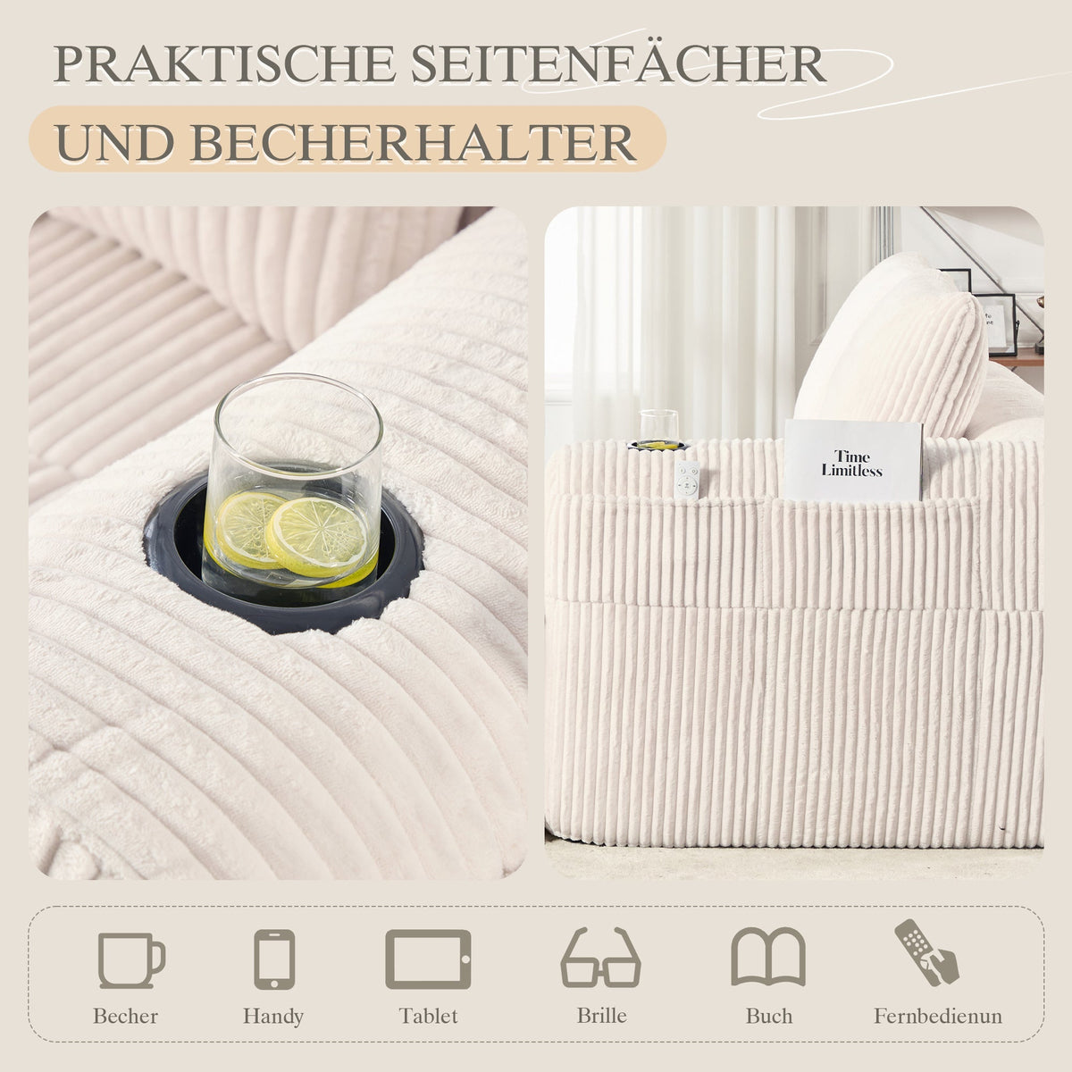 Two-Seater Sofa Storage Pocket Drink Holder - Corduroy