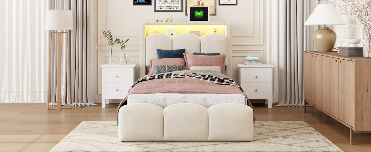 Upholstered Bed 90x200 with Storage & LED, Beige Velvet