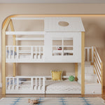 Bunk Bed, Storage Ladder House Bed with Safety Gate, Window & Roof, Pine+MDF White+Natural, 90x200cm
